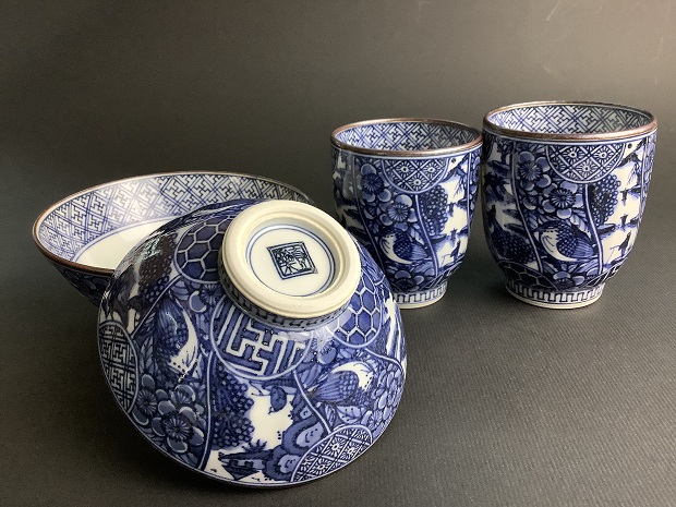 樂只苑 / 壹楽窯 染付祥瑞花鳥組飯碗