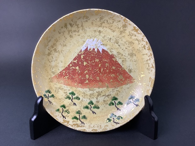 明治前期金彩染付山水図舟形皿
